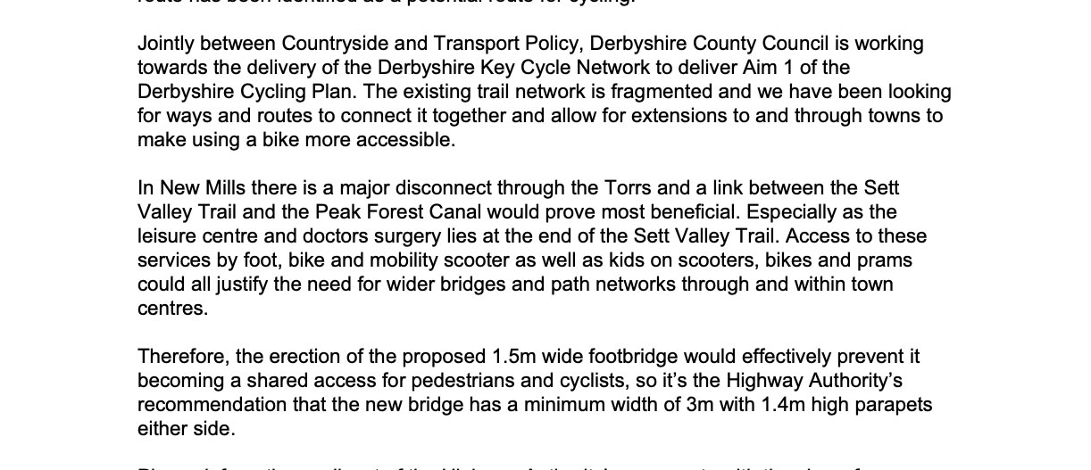 Derbyshire County Council's comments on the planning application (HPK/2018/0463) suggesting the bridge be built to a 3 metre width with higher sides to allow for future cycling use