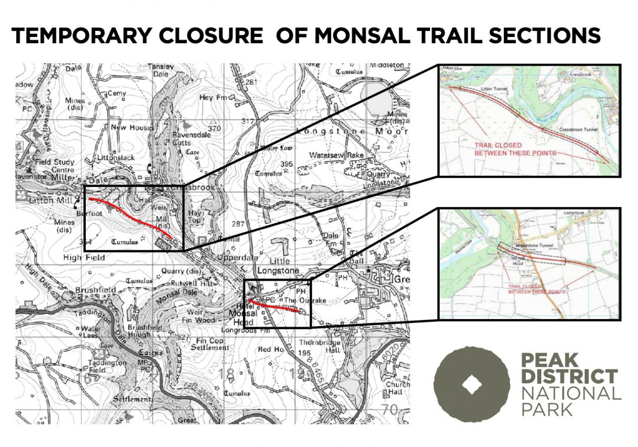 Map showing closures of Monsal Trail at Litton, Cressbrook and Headstone Tunnels.