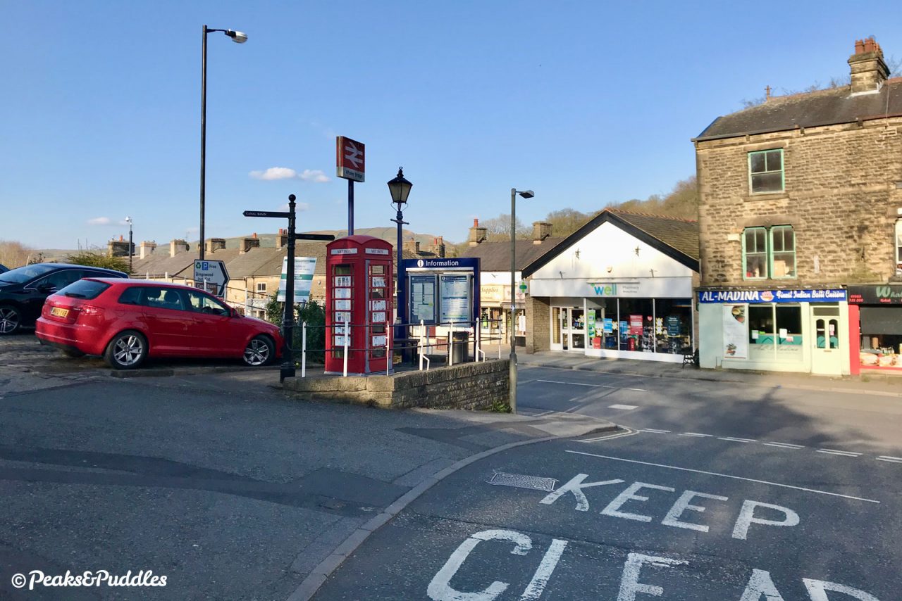 The centre of Whaley Bridge with shops and local businesses.