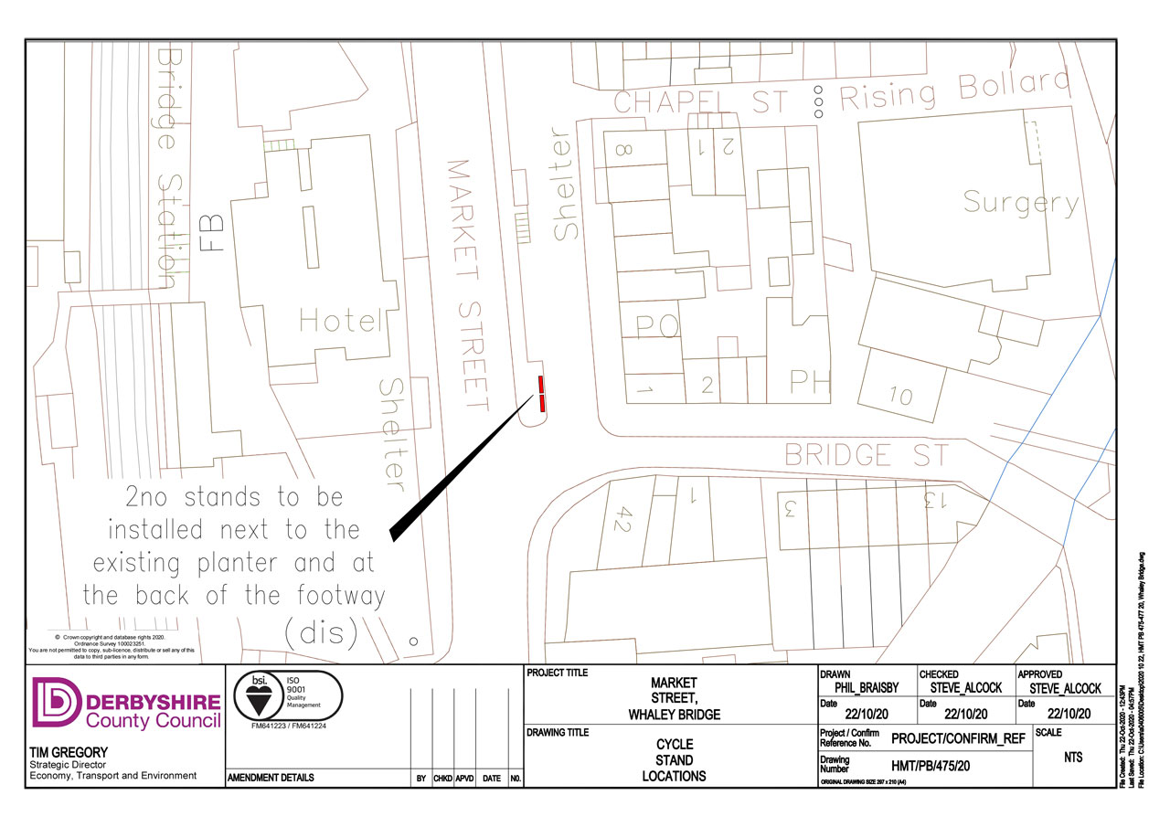 Plan showing two cycle stands next to Canal Street in the centre of Whaley Bridge