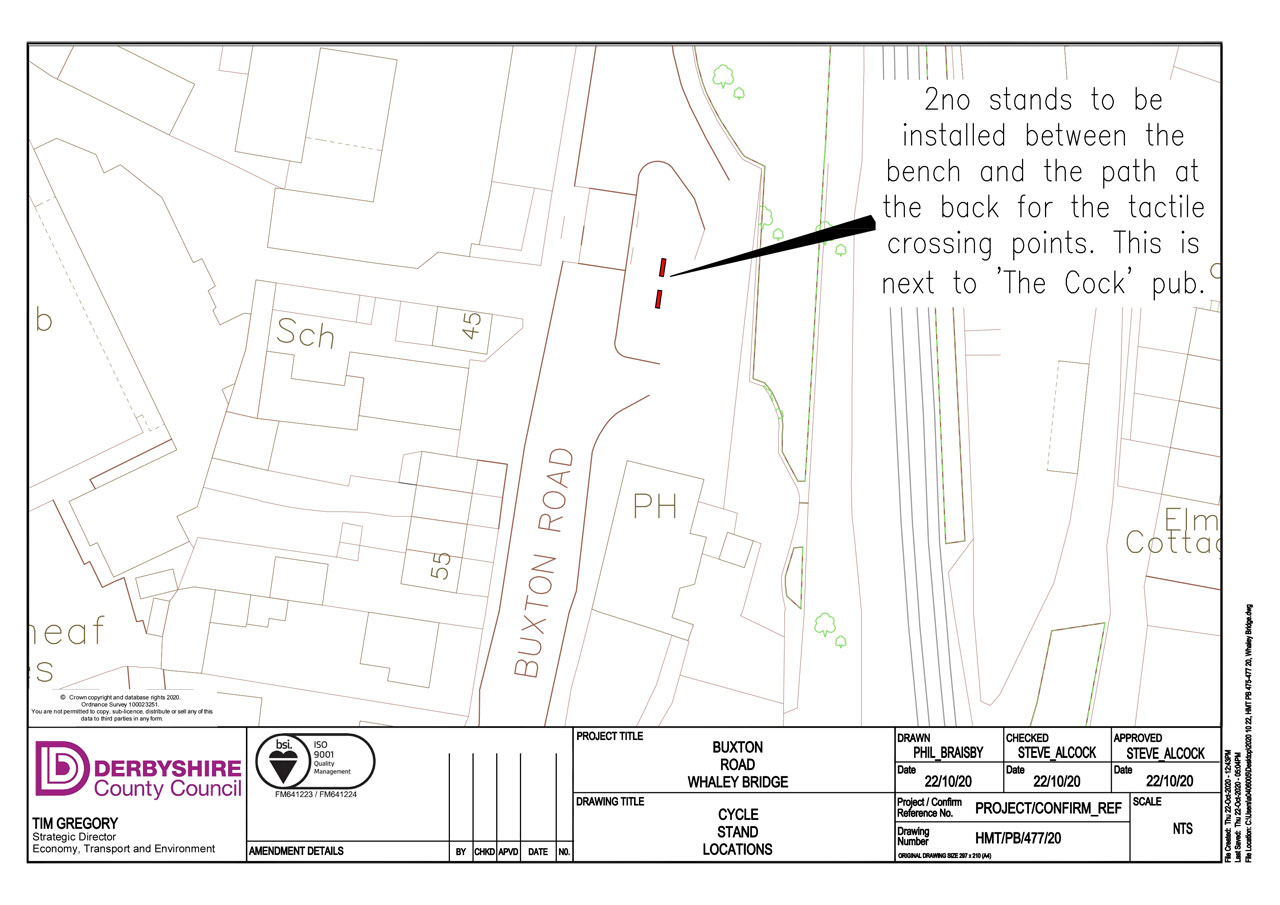 Plan showing two cycle parking stands on pavement near The Cock pub in Horwich End, Whaley Bridge
