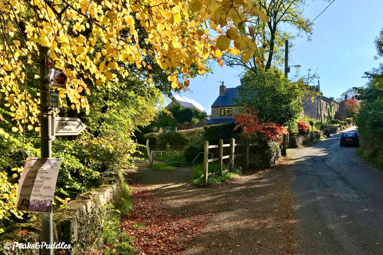 Crossing the first of two lanes up to the hamlet of Whitehough and its popular pubs, the trail is always scenic in autumn.