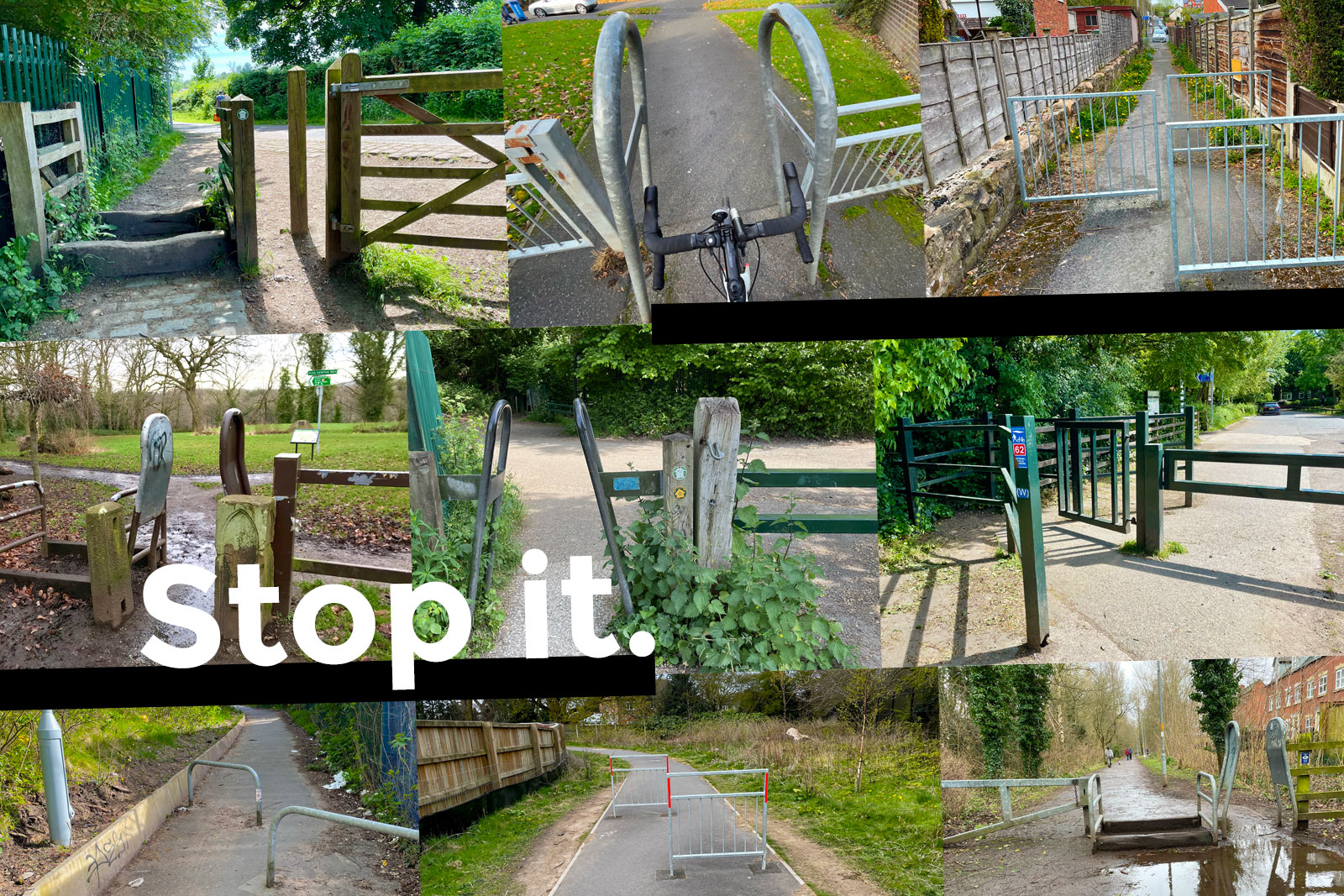 Stop it: A collage of various inaccessible cycle barriers across Stockport, including a-frame barriers, gates, stiles and chicanes.