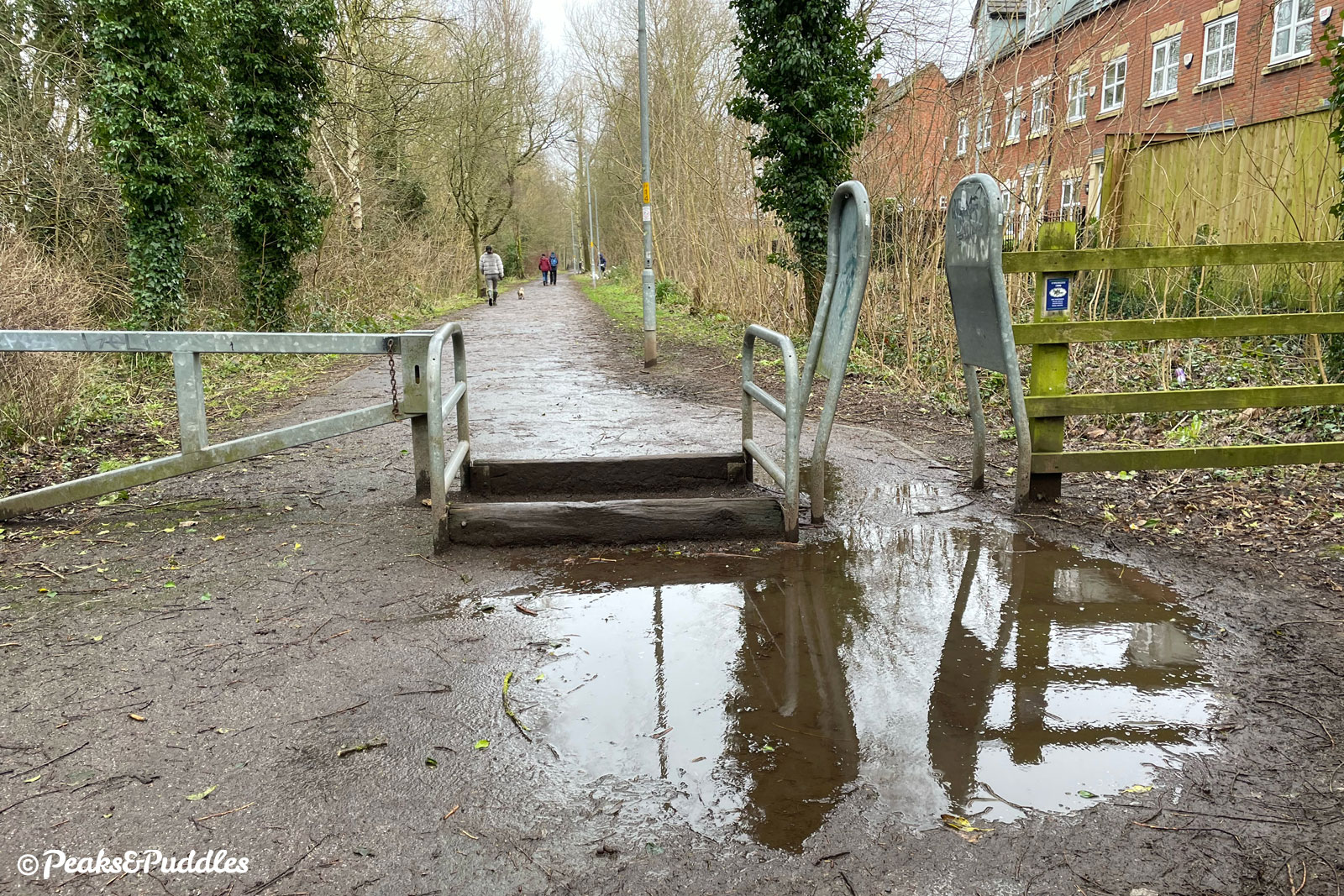 Photo showing access onto surfaced Middlewood Way path which can only be reached by stepping through a large puddle after rain.
