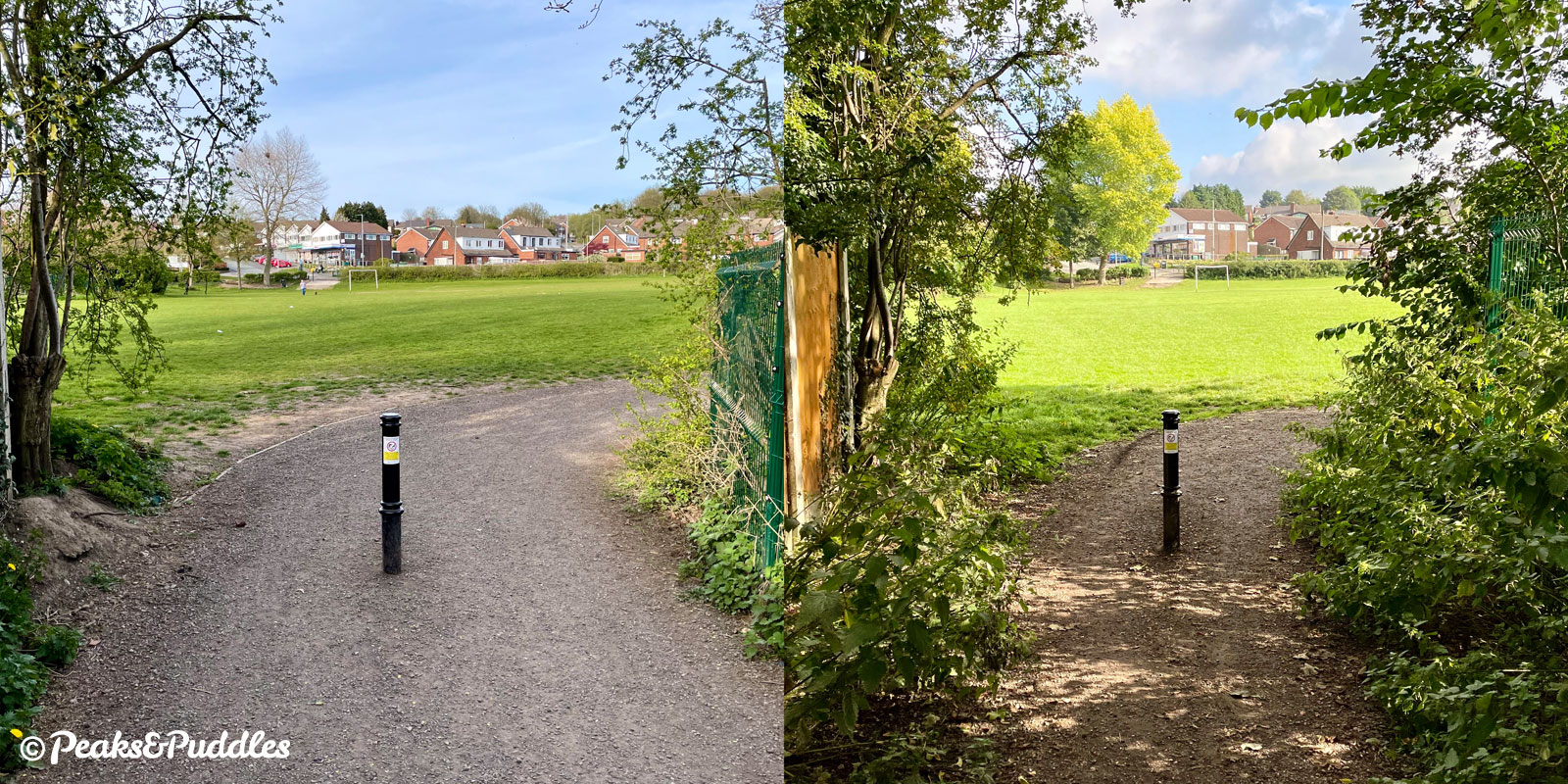 Photo showing a bollard in April with wide open clearance and again in September with severely encroaching vegetation.