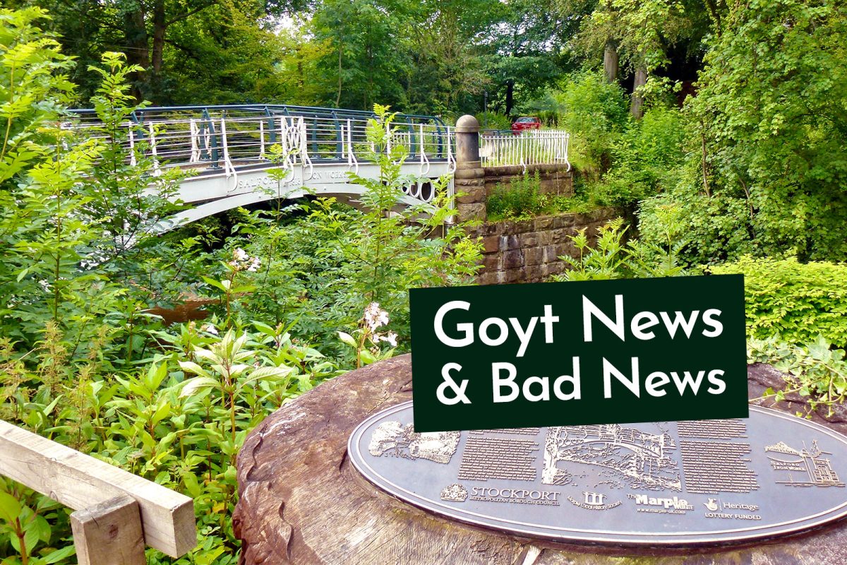 Captioned "Goyt News and Bad News", a photo of the small iron bridge crossing a heavily wooded river with an information plaque in the foreground.