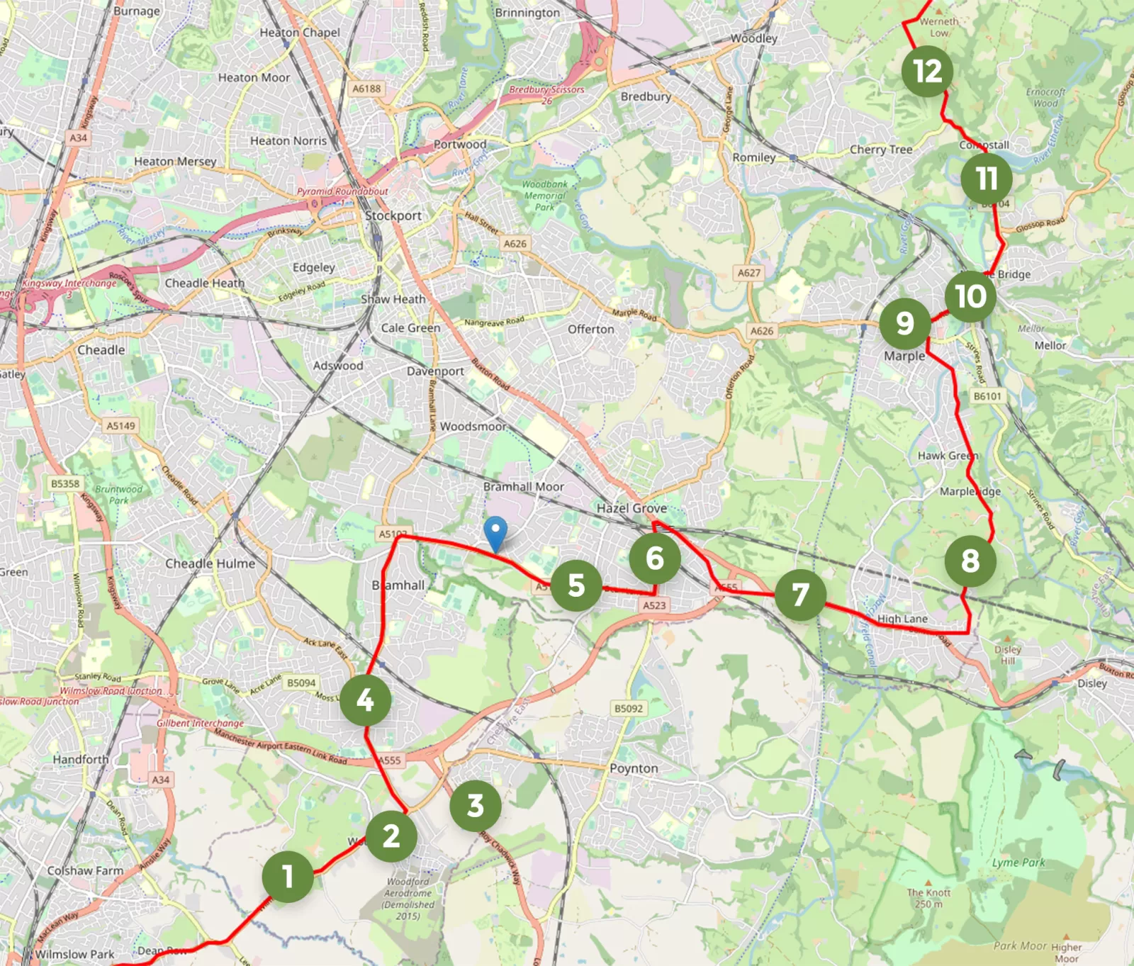 A map of the Tour of Britain 2023 route through Stockport, with numbers 1 to 12 for the identified "blackspots".