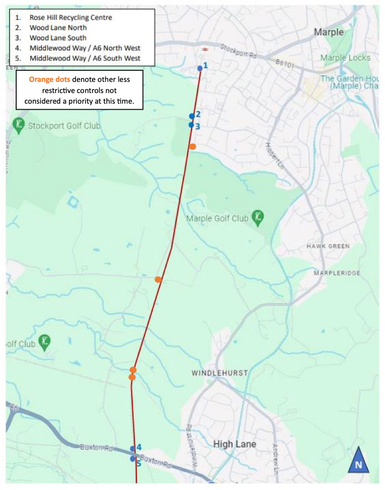 Map from council report showing locations of the access controls to be amended, and those "less restrictive" to be left for now.